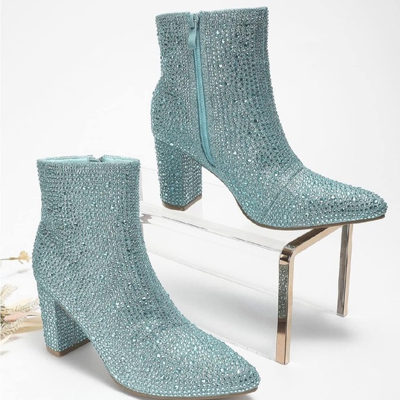 Women Rhinestone Block Chunky Heel Ankle Bootie - Picture 3 of 4